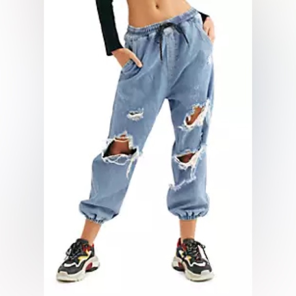 Free People- Distressed Blue Denim Joggers